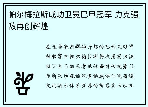 帕尔梅拉斯成功卫冕巴甲冠军 力克强敌再创辉煌
